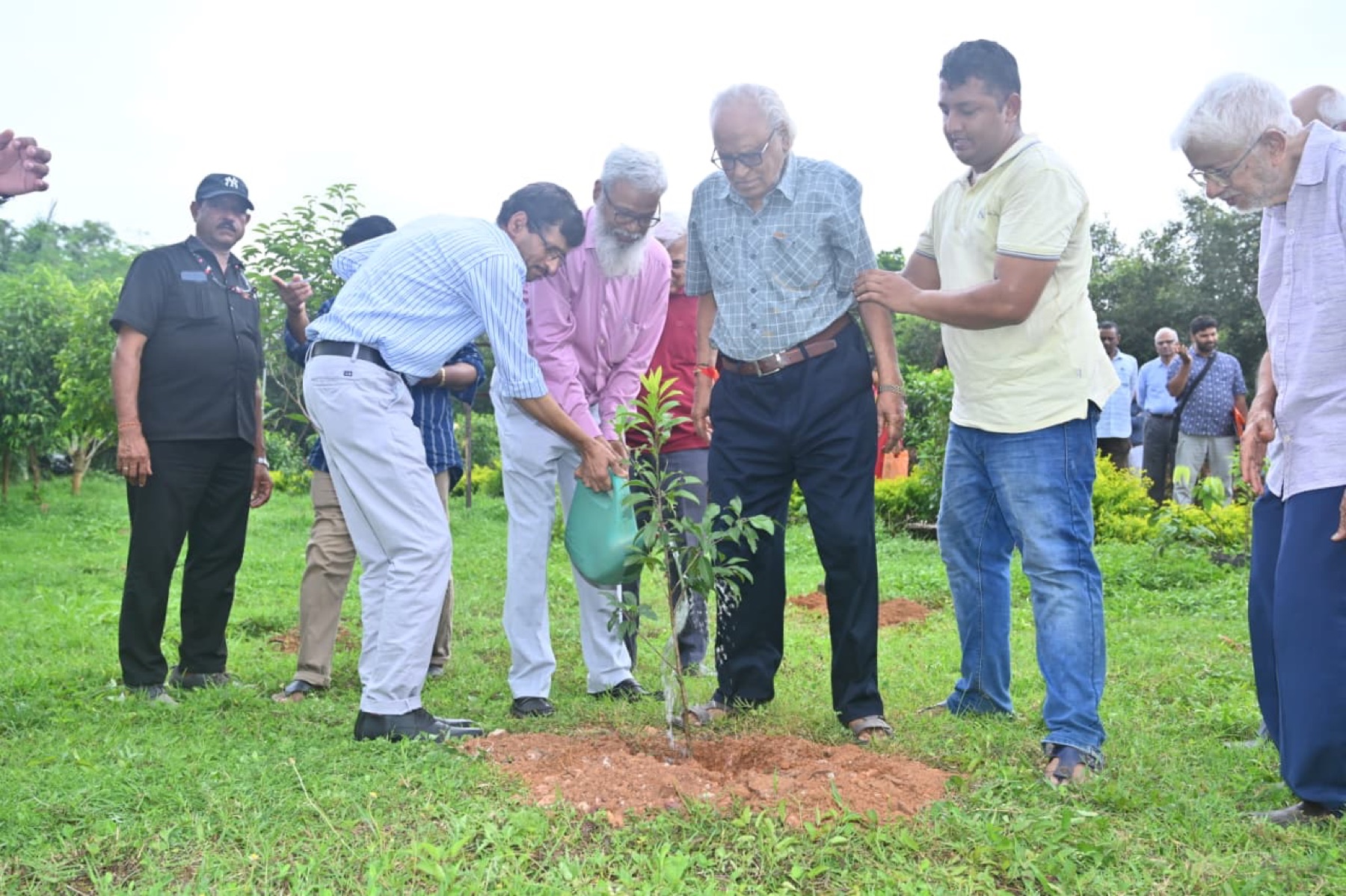 Dr. Das watering a newly planted sapling with colleagues and community members